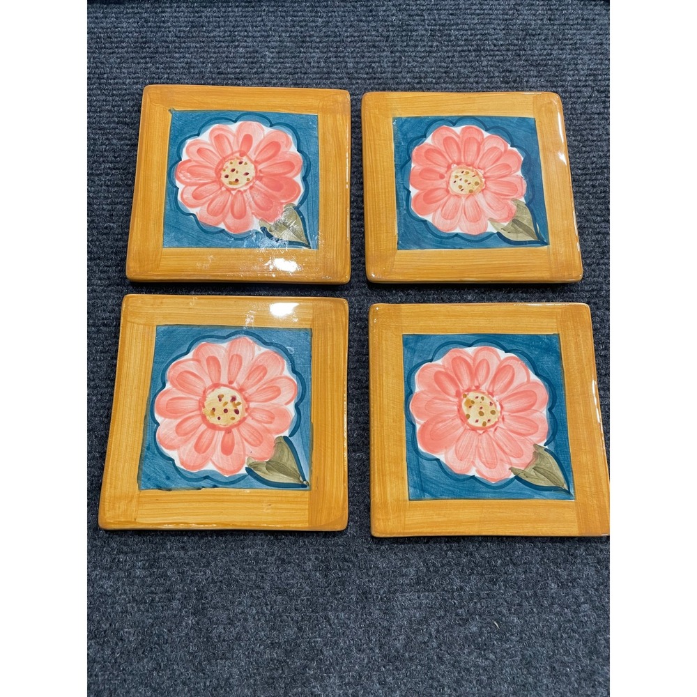 Certified International CIC Ceramic Floral Coasters Set of 4 Zinnia Pink Teal